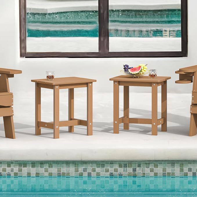 LUE BONA Outdoor Side Table Set of 2, HDPS Small Outdoor Adirondack Side Tables, Outside End Table for Patio, Porch, Deck, Pool, Weather Resistant/Easy Maintenance, Teak Color - Image 2