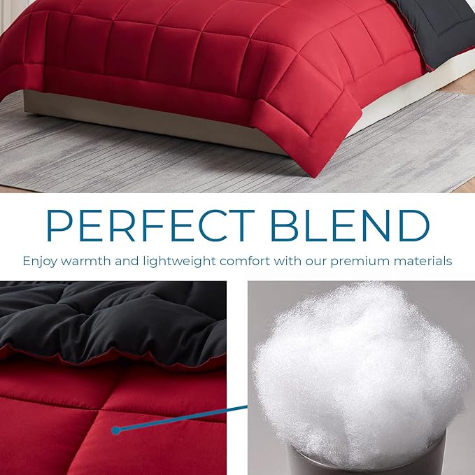 Nestl 3 Piece Quilted Down Alternative Comforter with 2 Pillow Shams, All Season Red/Black Duvet Inserts, Queen Size with Corner Tabs