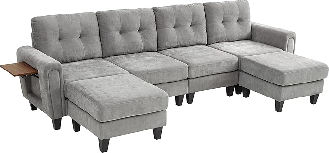 ERYE 115-Inch U-Shaped Modular Sectional Sofa Include 2 Ottomans and 4 Seat, Comfy Chenille Upholstered Tufted U Shaped Sectional Couch W/Coffee Table and USB-C Ports