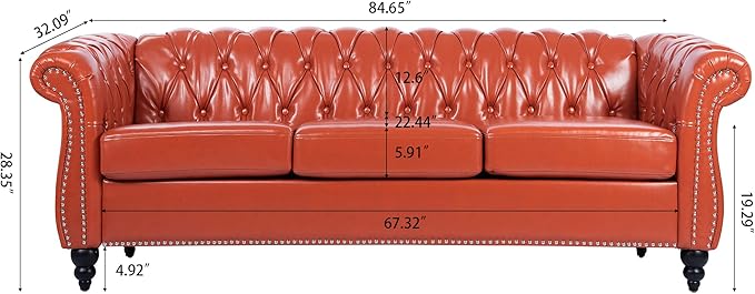 ERYE 84.5-Inch Classic 3 Seat Chesterfield Sofa Couches for Living Room Bedroom, 3 Seaters Button Tufted Faux Leather Upholstered Chesterfield Sofa Couch,Wood Legs | Button Tufted, Easy to Assemble, Nailhead, Removable Cushion