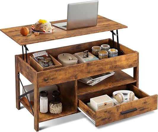 WLIVE Coffee Table, 39" Lift Top Coffee Table with Hidden Compartment, Storage Drawers and Storage Shelf for Living Room, Reception Room, Rustic Brown