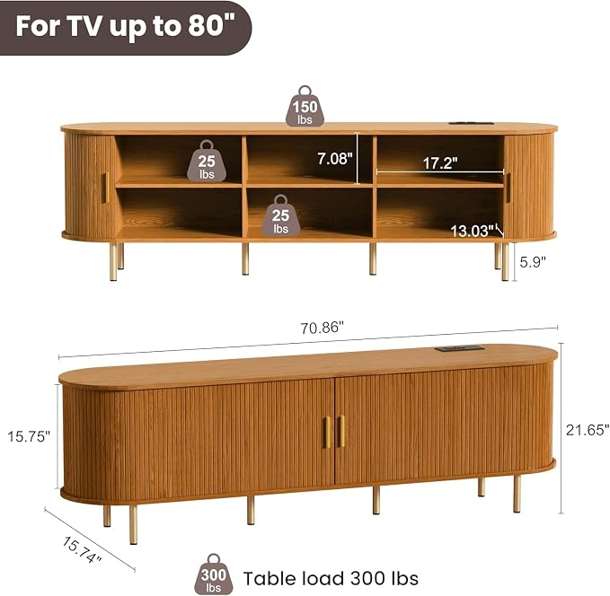 DHH 70.8 Inch Mid Century Modern TV Stand with Power Outlet for TVs up to 80 Inch, Entertainment Center with Storage and Adjustable Shelves, Media Console with Sliding Doors for Living Room(Yellow) - Image 2