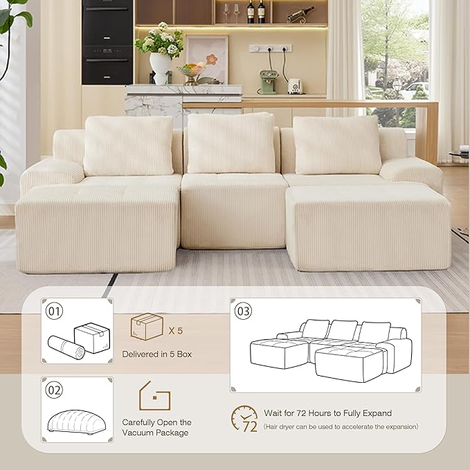Modular Sectional Sofa, 6 Seat Modular Couch, Modular Sofa with Deep Seat and Detachable Pillow (White, 5 Pieces-U Shape)