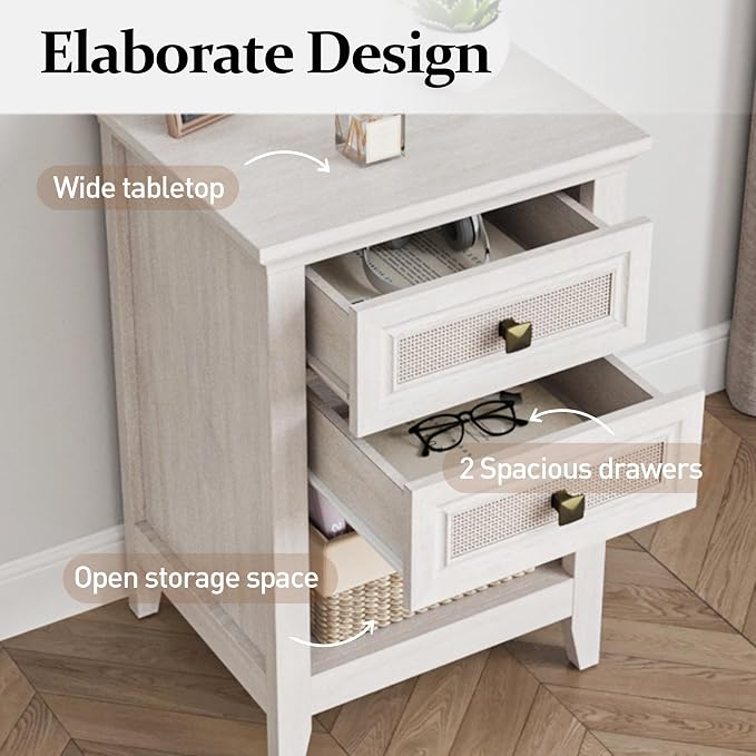 RoyalCraft Rattan Nightstand Set of 2, White Night Stand for Bedroom, Boho Bedside Table with 2 Drawers, Wood End Table for Small Space, Grayish White - Image 4