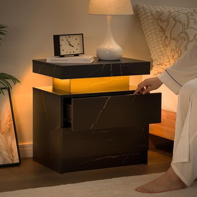 Bingoday LED Nightstand LED Bedside Table with 2 Drawers, Wooden Cabinet Unit with LED Lights for Bedroom, End Table Side Table for Bedroom Living Room - Image 4