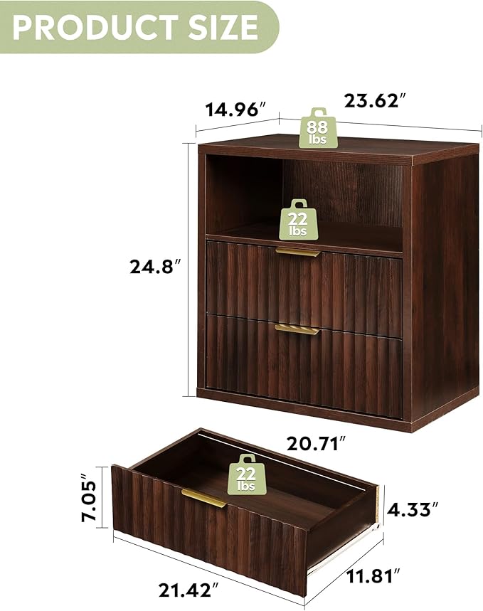 WLIVE Fluted Night Stand, Wood Nightstands with 2 Storage Drawers and Open Shelf, Mid Century Modern Bed Side Tables for Bedroom, Dorm, Espresso - Image 2
