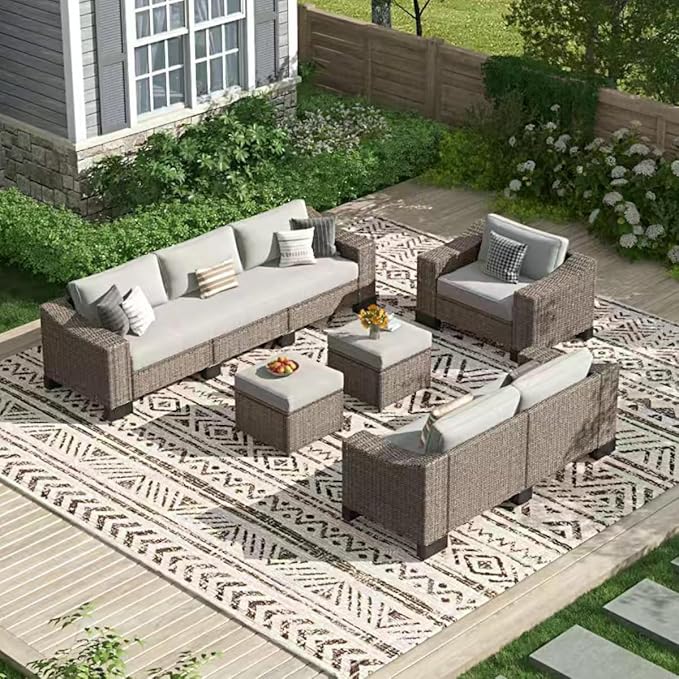 8 Piece Patio Furniture Set, Wicker Patio Conversation Set with 5.9" Wide Armrest, Waterproof Cushions & Ottomans with Modular Outdoor Couch for Backyard, Deck, Garden