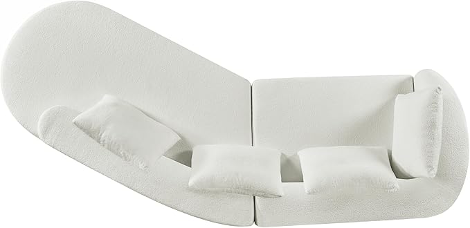Merax 116" Curved Polyester Sectional Sofa, Modern Pearl Upholstery 3 Seat Cloud Couch with Chaise Lounge & 4 Pillows for Living Room, Beige