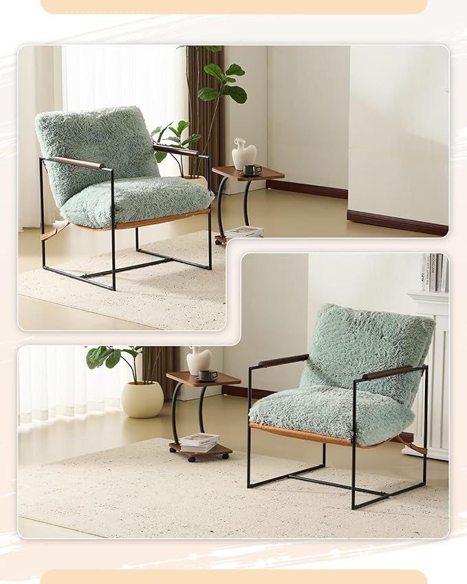 Karl home Modern Accent Chair Plush Fleece Upholstered Living Room Chair with Metal Frame Wooden Armrest Comfy Lounge Armchair for Living Room, Bedroom, Balcony, Reading Room, Teal