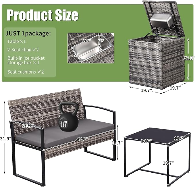 FHFO 5 Piece Outdoor Patio Furniture Set with 28”Gas Fire Pit Table & Ice Bucket Storage Box, Outdoor Wicker Rattan Patio Conversation Set for Outside, Poolside, Balcony, Porch, Grey-Grey