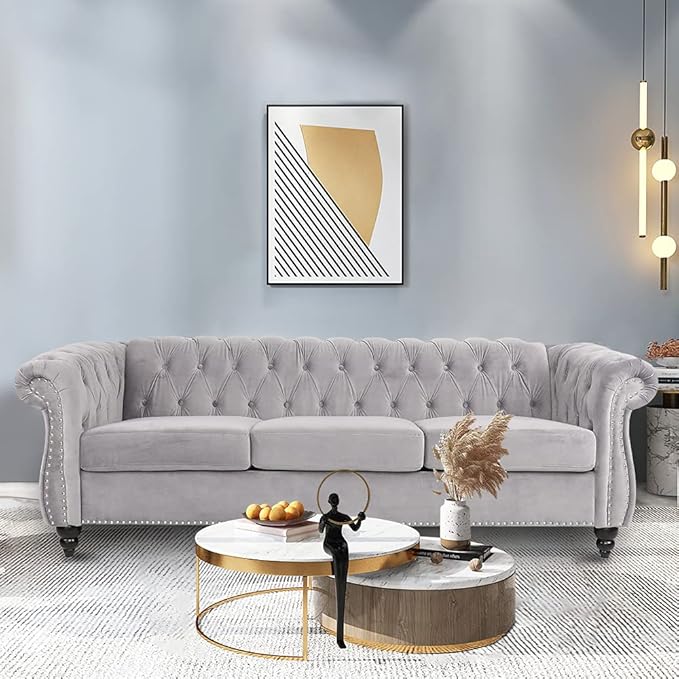 LEVNARY Three-Seat Velvet Sofa, Large Sofa Classic Tufted Chesterfield Settee Modern 3 Seater Couch Furniture with Tufted Back for Living Room, Dark Grey