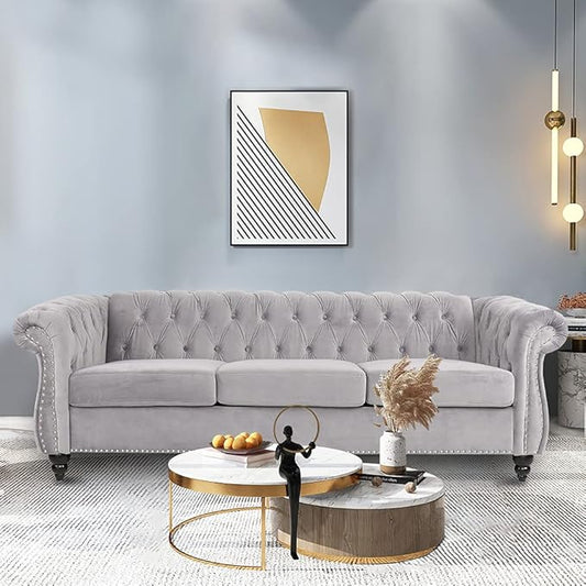 LEVNARY Three-Seat Velvet Sofa, Large Sofa Classic Tufted Chesterfield Settee Modern 3 Seater Couch Furniture with Tufted Back for Living Room, Dark Grey