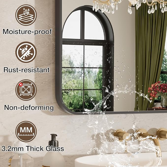 24x36 Inch Bathroom Mirrors for Over Sink, Matte Black Rectangle Mirror for Bathroom or Entryway, Wall Mounted Vanity Mirror with Aluminum Alloy Frame & Tempered Glass, Hangs Horizontally/Vertically - Image 7