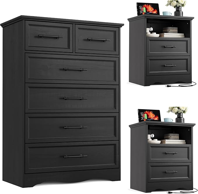 Bedroom Set, 3 Pieces Bedroom Furniture Set, Wood 6 Drawer Dresser and Nightstands with Charging Station, Farmhouse Storage Organizer Cabinet for Bedroom, Black