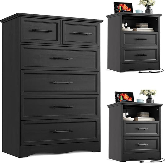 Bedroom Set, 3 Pieces Bedroom Furniture Set, Wood 6 Drawer Dresser and Nightstands with Charging Station, Farmhouse Storage Organizer Cabinet for Bedroom, Black