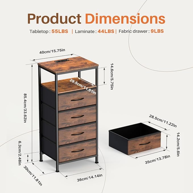 OLIXIS Nightstand with Charging Station, 4-Drawer Bedside Table with USB Ports & Type-C, Bedroom Night Stand with Fabric Drawers and Open Shelf, Tall Narrow End Table for Small Bedroom, Rustic Brown - Image 3