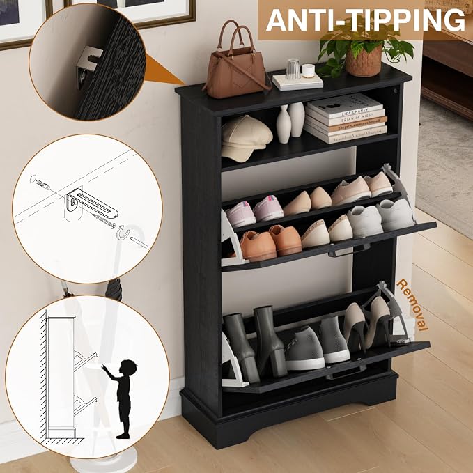 Shoe Storage Cabinet with 2 Flip Drawers, 24" W Farmhouse Modern Hidden Shoes Rack Cabinet with Adjustable Shelves & Open Storage, Narrow Slim Shoe Organizer for Front Door Entrance, Entryway, Black - Image 5
