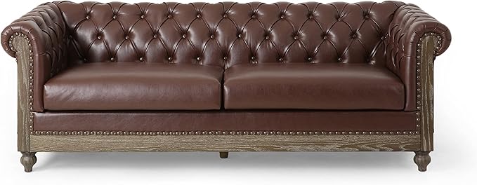 Merax Upholstered PU Chesterfield 3 Seat Sofa, Classic Retro Style Leather Couch Rolled Arm for Living Room Bedroom Office, Dark Brown