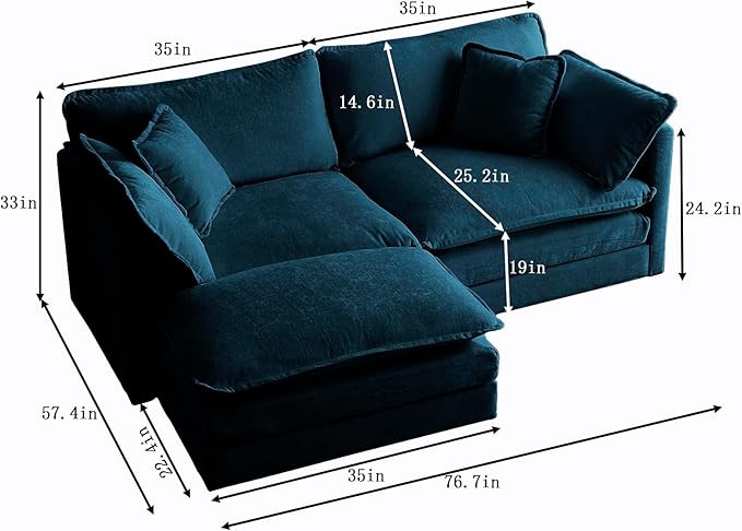 KEIKI Loveseat Sofa, Upholstered 2 Seater Couch with 1 Footrest, Oversized L-Shaped Sectional Sofa with Ottoman for Living Room Bedroom Office, Blue