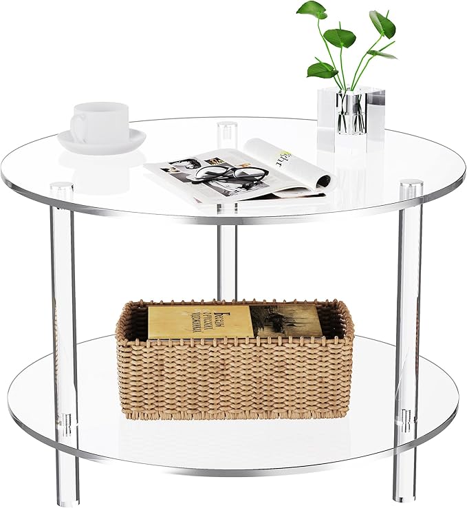 Acrylic Coffee Table, Small Round Modern Coffee Table for Living Room,23.6" D x 23.6" W x 16.5" H
