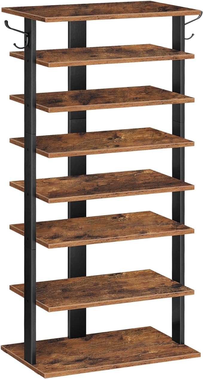 HOOBRO 8 Tiers Vertical Shoe Rack, Wooden Shoe Storage Organizer with Hooks, Narrow Shoe Tower for 16 Pairs, Space Saving, for Entryway, Living Room, Bedroom, Rustic Brown BF750XJ01 by HOOBRO