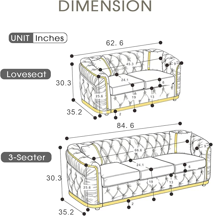 KEIKI 2-Piece Luxury Chesterfield Sofa Set with 1 Velvet 3-Seater Sofa & 1 Loveseat Sofa, 5-Seater Couch Set with 4 Pillow, Gold Stainless Decoration and Rolled Arms, for Living Room, Beige