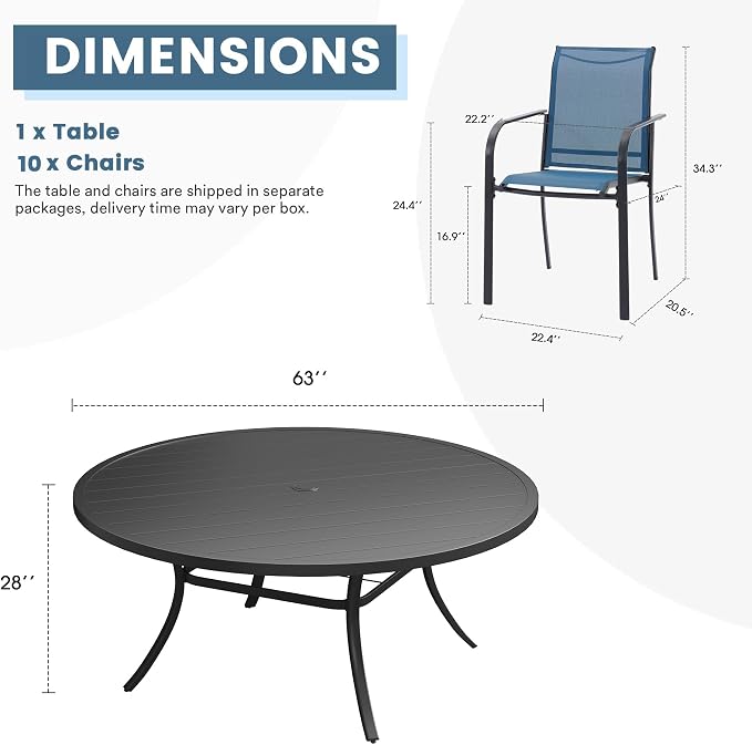 DIFY Patio Dining Set for 10, 11 Piece Outdoor Table and Chairs Set, 63" Black Round Metal Patio Dining Table and Blue Textilene Stackable Patio Chairs, for Backyard Garden Poolside - Image 8