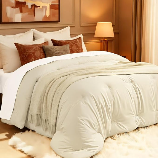 Comforters King Size, All Season Quilted Bed Comforter, Ultra-Soft Down Alternative Duvet Insert with 4 Tabs, Lightweight Bedding Blanket - Machine Washable, Beige