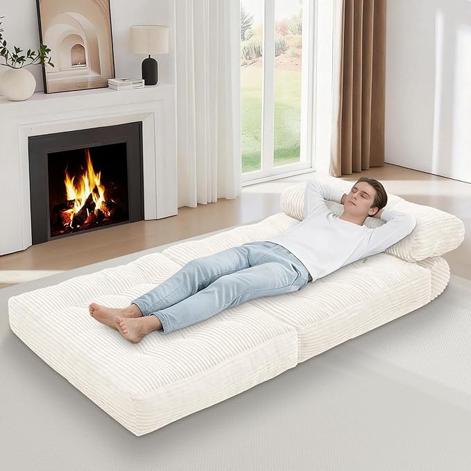 Folding Sofa Bed, Convertible Sleeper Chair with Pillow & Handle, Foldable Mattress Futon Chair Bed Lounge with Back Support, Comfy Floor Sofa for Living Room Bedroom, Beige, Single