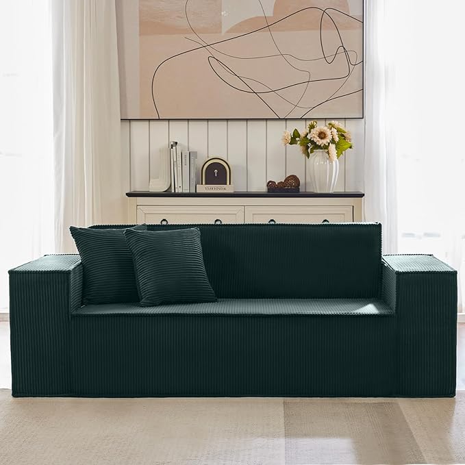 Corduroy Cloud Couch with Pillow, Premium Memory Foam, No Assembly Required, Deep Seat Sofa in Box, Space-Saving Chair for Home, Living Room, Bedroom, Apartment, Office, 3-Seater, Dark Green