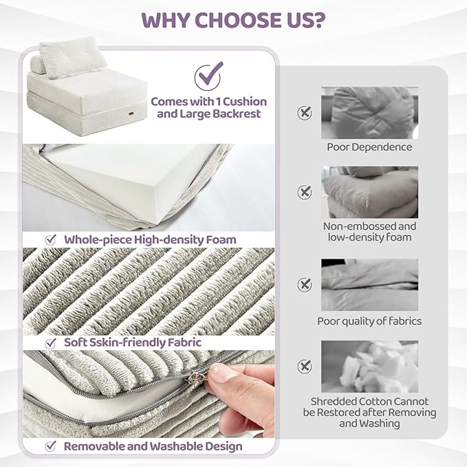 Folding Sofa Bed Chair, Sleeper Chair for Adults with High-Density Foam and Pillow,Portable 3 in 1Folding Chair Bed for Living Room、Apartment 、Hotel,Single, Creamy Apricot