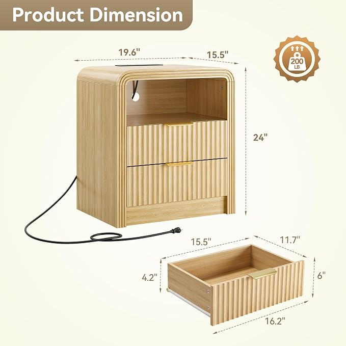 Decofy Fluted Nightstand with Charging Station, 19.7'' Wide Morden End Table with USB/Type-C Ports, 2 Drawers & Open Shelf, Curved Profile Design, Wood Bedside Table for Bedroom (Natural Oak) - Image 2