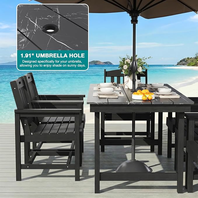 Mdeam 7-Piece HIPS Outdoor Dining Set, 66.9" Marble Texture Patio Table with Umbrella Hole, 440LBS Capacity, 6 Wider Chairs,Dining Table Set for 6, Outdoor Furniture with Galvanized Steel Frame, Black - Image 4