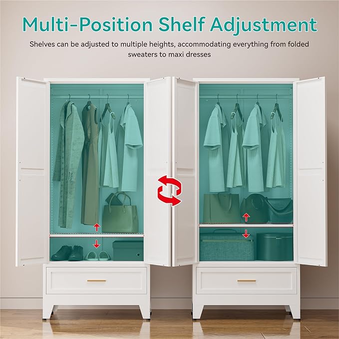 71" Tall Metal Armoire Wardrobe Closet,17.7" Deep By 31.5" Wide Portable Closet for Hanging Clothes,Wardrobe Cabinet with Drawer and Shelve for Bedroom Office Garage,White 1 Pack