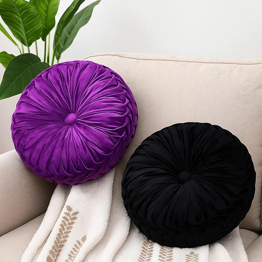 Beeveer 2 Pcs Round Throw Pillows 15 Inch Decorative Velvet Pleated Pumpkin Pillows Boho Floor Pillow with Center Button for Living Room Couch Chair Bed Sofa Home Decoration (Black and Purple)