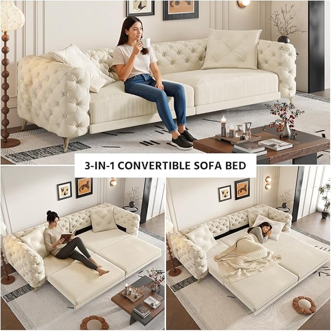 Ball & Cast 3-in-1 Convertible Sleeper Sofa with Movable Ottoman,97.7" Velvet Pull Out Sofa Bed, Modern Button Tufted 4-Seater Sofa Couch with Deep Seat for Living Room, Apartment,Office,Beige