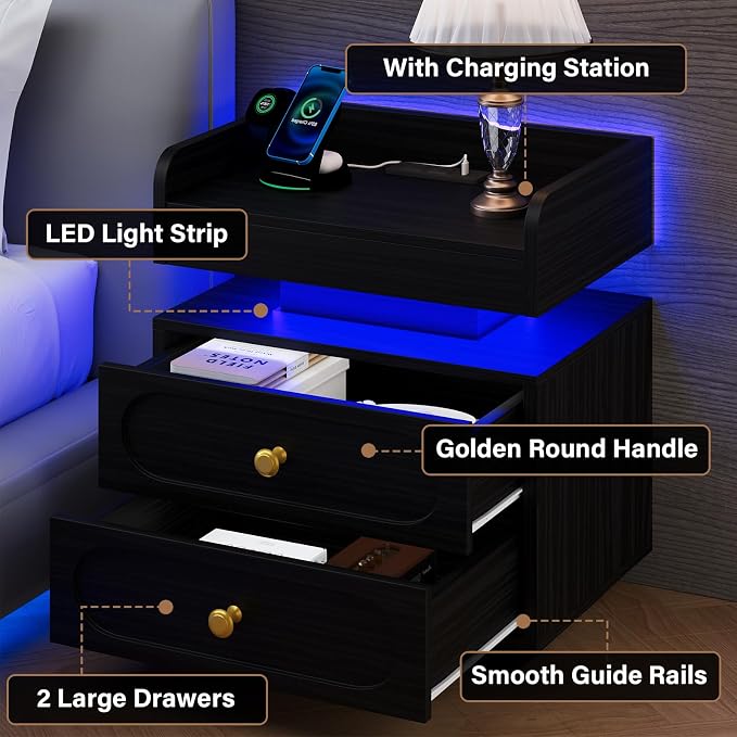 4ever2buy Black Night Stand with Adjustable LED Lights and Charging Station Modern Bedside Table with 2 Storage Drawers End Table for Bedroom - Image 5