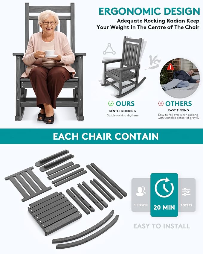 SERWALL Outdoor Rocking Chair Set of 2, HDPE Rocking Chairs for Adult, All Weather Porch Rockers for Lawn Garden, Grey - Image 5