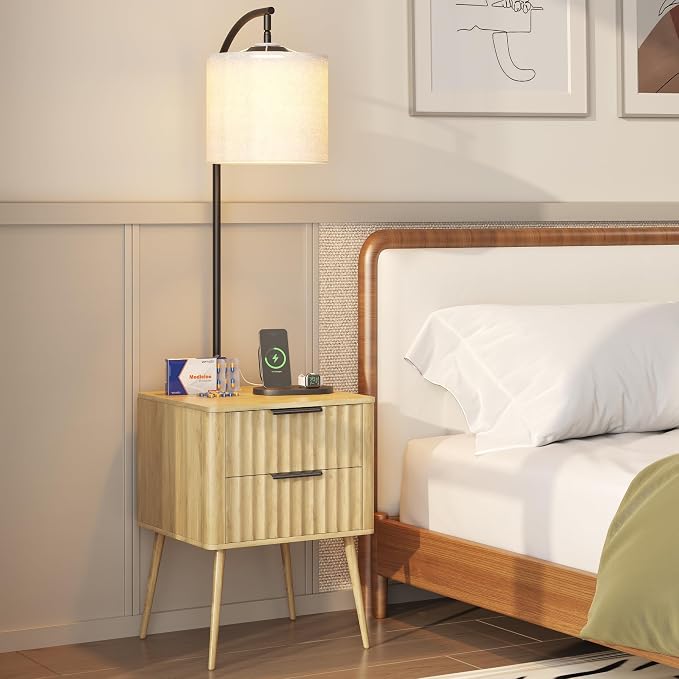HNEBC Fluted nightstand Set 2 with - with 3-Color Lights and Lampshades,Modern Night Stand with Charging Station,LED Bedside Table with 2 Drawers,Tall Side Table for Bedroom,Natural - Image 8