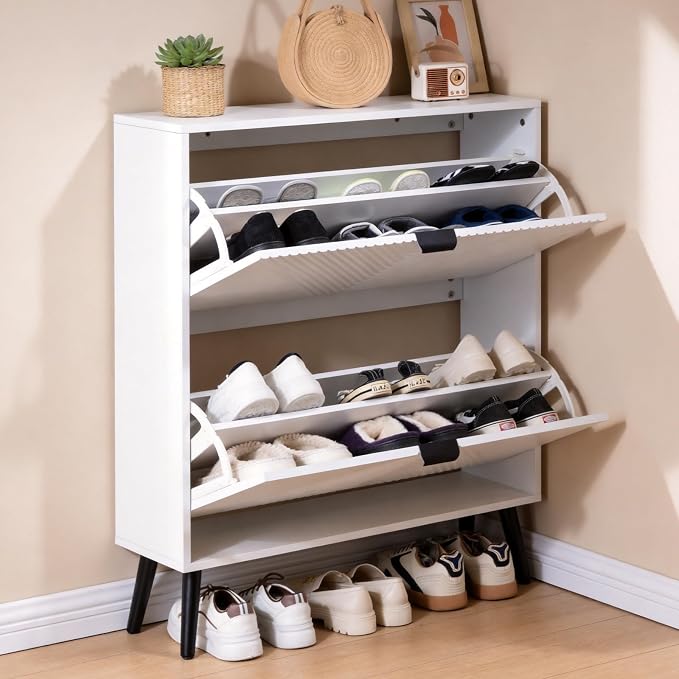 oakvivo Shoe Cabinet Storage, Farmhouse Freestanding Organizer with 2 Flip Drawers and 4 Wooden feet, Narrow Shoe Rack Cabinet for Entryway, Foyer, Hallway, White - Image 6