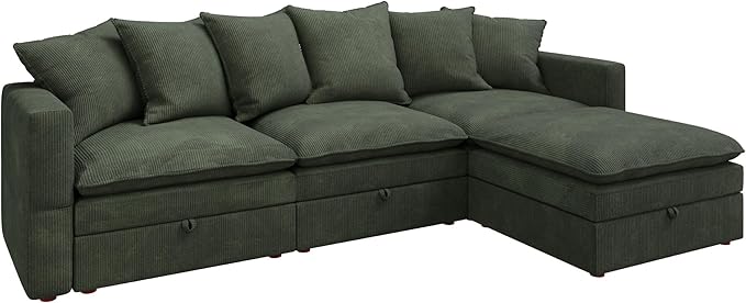 HONBAY Modular Sectional Sofa, 105.5 Inch Corduroy Sectional Couch, 4 Seaters L Shaped Sofa with Storage & Pillows for Living Room, Green