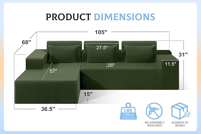 Homguava Modular Sectional Couches for Living Room,105" Cloud Couch with L-Shape Chaise,Comfy Sofa Living Room Sofas with Deep Seat,No Assembly L Couch,Corduroy Fabric(Green,L)