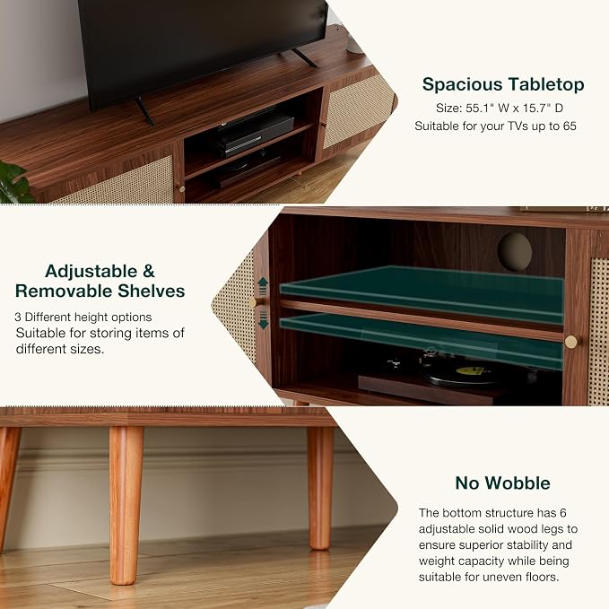 ZttRiee TV Stand for TVs up to 65'', Entertainment Center With Rattan Door, Shelves & 2 Cabinets, Long Boho Media Console for Living Room, Walnut - Image 4