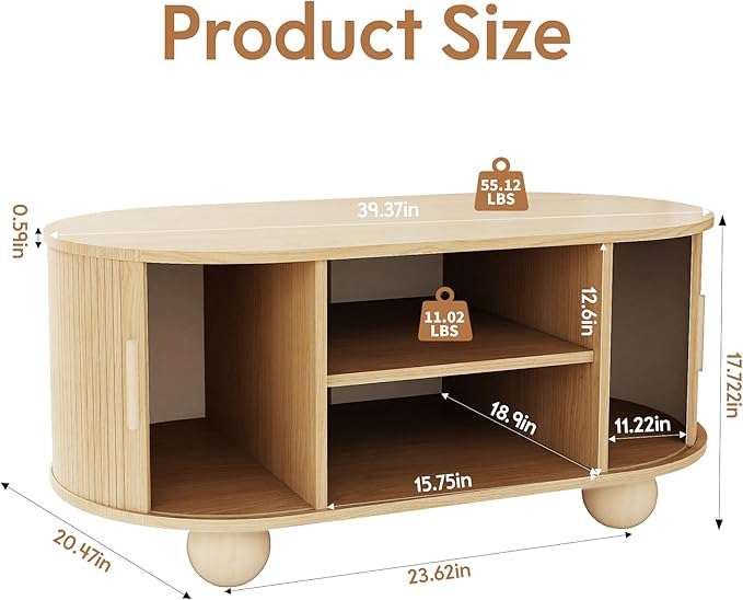 Rectangle Coffee Table, Fluted Coffee Tables for Living Room, Mid-Century Coffee Table Center Table with Storage & Sliding Doors for Apartment, Home Office (Natural)