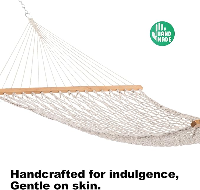GAFETE Single Rope Hammocks for Outside, Traditional Hand Woven Cotton Hammock with Hardwood Spreader Bar, Max 450 lbs Capacity (Natural Beige, Small) - Image 3