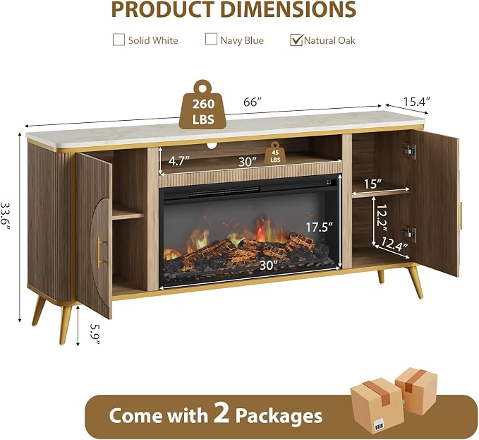 Fluted Fireplace TV Stand Up to 80" TVs, Modern Entertainment Center with 30" Electric Fireplace, Luxury Media Console with Adjustable Shelves for Living Room, Nature Oak - Image 2