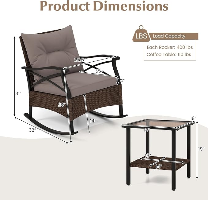 Tangkula 3 Pieces Outdoor Rocking Chairs Set, Rattan Heavy Duty Cushioned Rocker Chairs with 2-Tier Tempered Glass Coffee Table, for Garden, Balcony, Backyard - Image 9