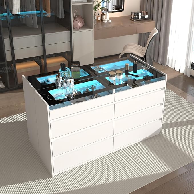 LIVAUVEAD White 8 Drawer Dresser for Bedroom with LED Light, Modern Dresser Chest of Drawers with Hidden Handles and Glass Top, Dressers Organizer for Bedroom, Closet, Living Room