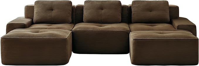 Casaphoria 115'' Brown Modular Sofa Set, 3-Seat U-Shaped Corduroy Couch with 2 Ottomans for Large Living Room No Assembly Required Deep Seat Sectional Couch