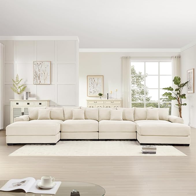 KEIKI 168" U-Shaped Oversized Corduroy Modular Cloud Sectional Sofa with 2 Ottoman, High-Density Foam Cushion, Extra-Thick Armrest, 4-Seater Fluffy Corner Couch with 12 Pillow, for Living Room, Beige